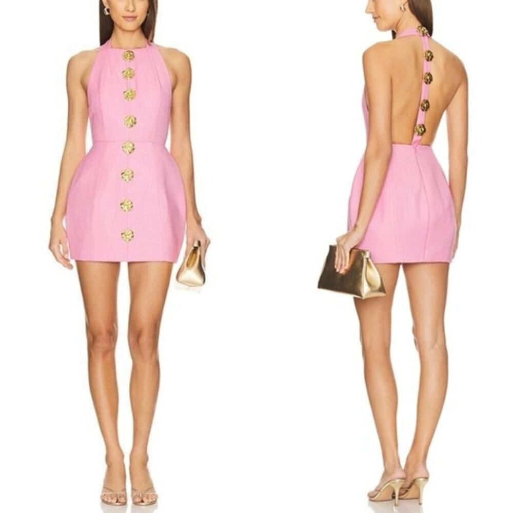 Atoir The Tiffany Dress in Blush Pink Gold Rose Structured Open Back Mini
